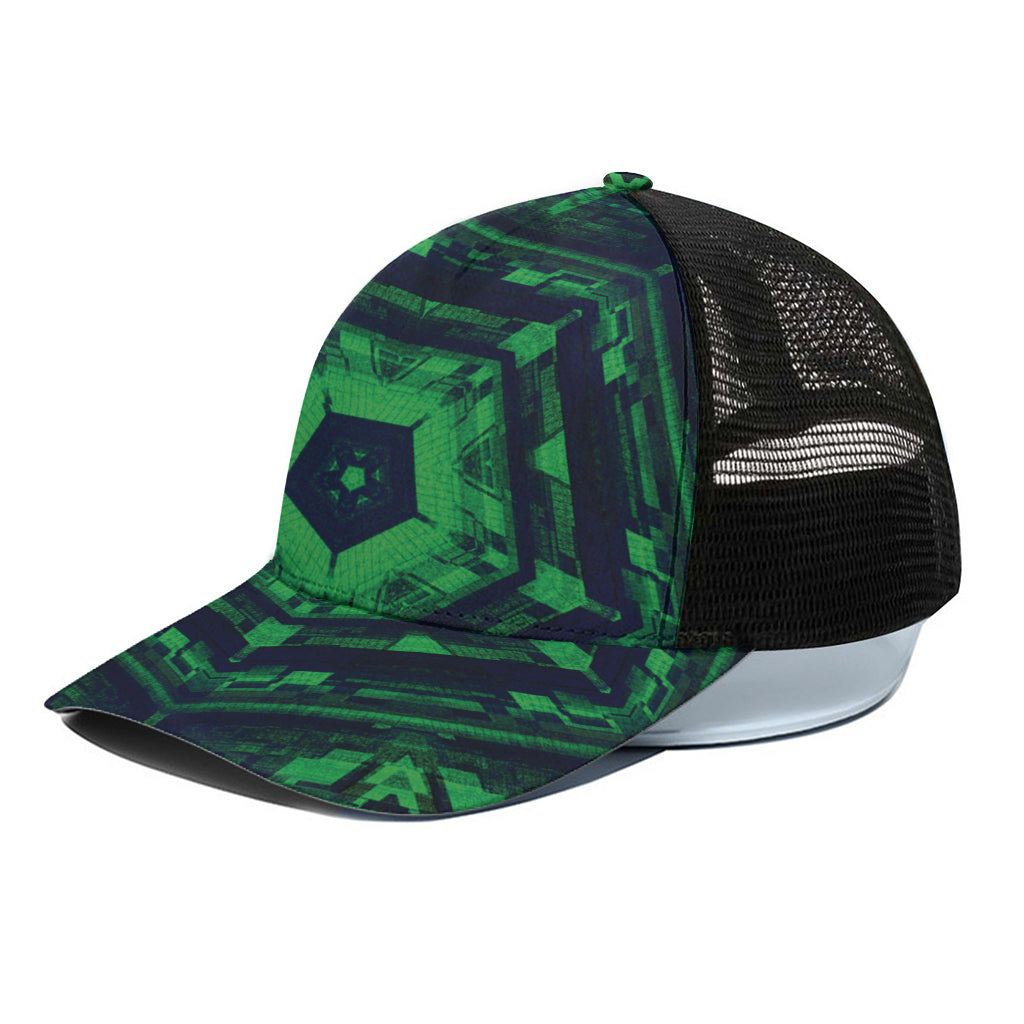Dark Green Kaleidoscope Print Black Mesh Trucker Cap