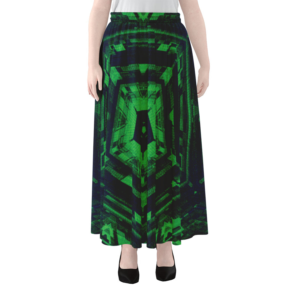 Dark Green Kaleidoscope Print Chiffon Maxi Skirt