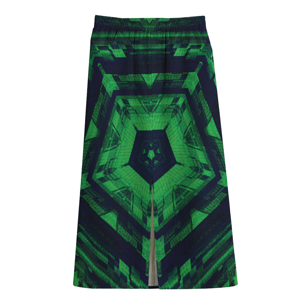 Dark Green Kaleidoscope Print Cotton Front Slit Maxi Skirt