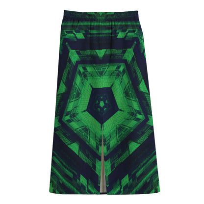 Dark Green Kaleidoscope Print Cotton Front Slit Maxi Skirt