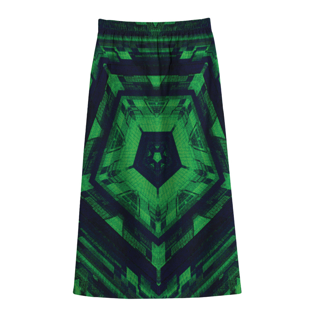 Dark Green Kaleidoscope Print Cotton Front Slit Maxi Skirt