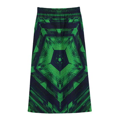Dark Green Kaleidoscope Print Cotton Front Slit Maxi Skirt