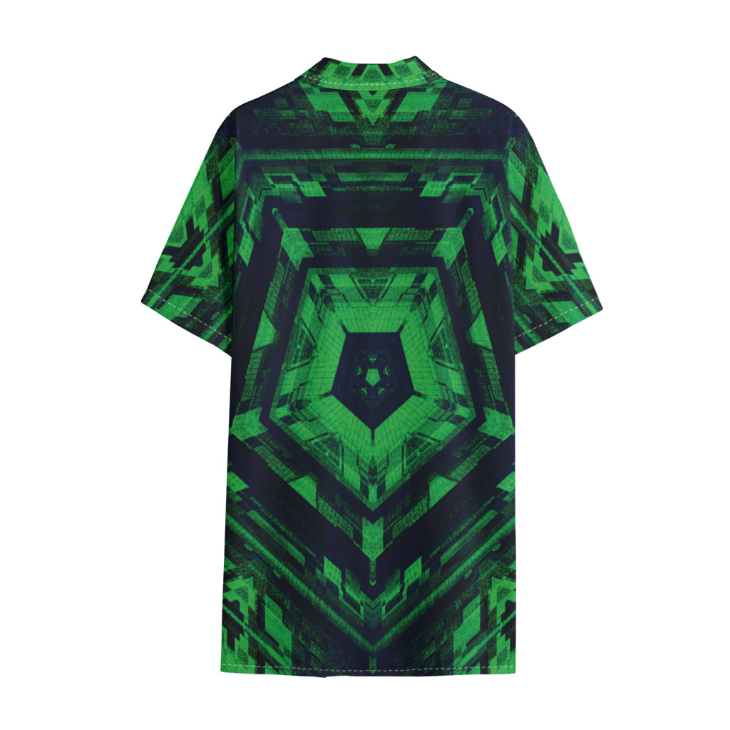 Dark Green Kaleidoscope Print Cotton Hawaiian Shirt