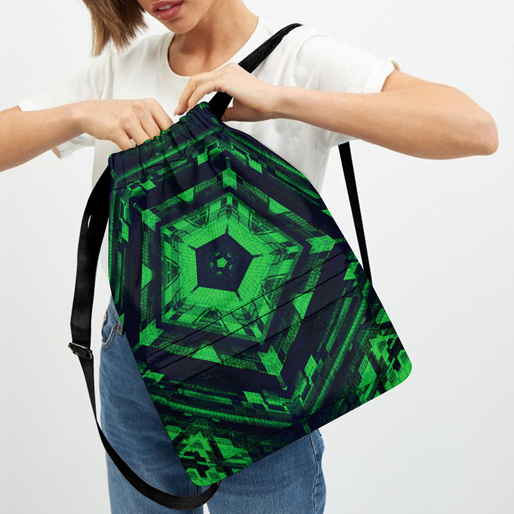 Dark Green Kaleidoscope Print Drawstring Backpack
