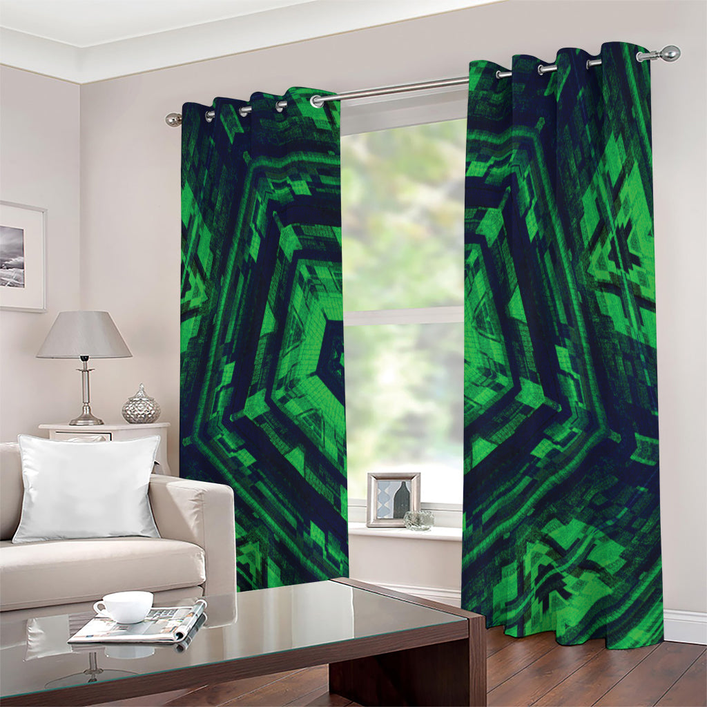Dark Green Kaleidoscope Print Extra Wide Grommet Curtains
