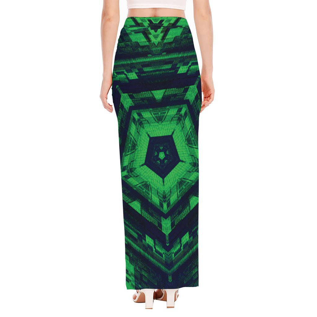 Dark Green Kaleidoscope Print High Slit Maxi Skirt