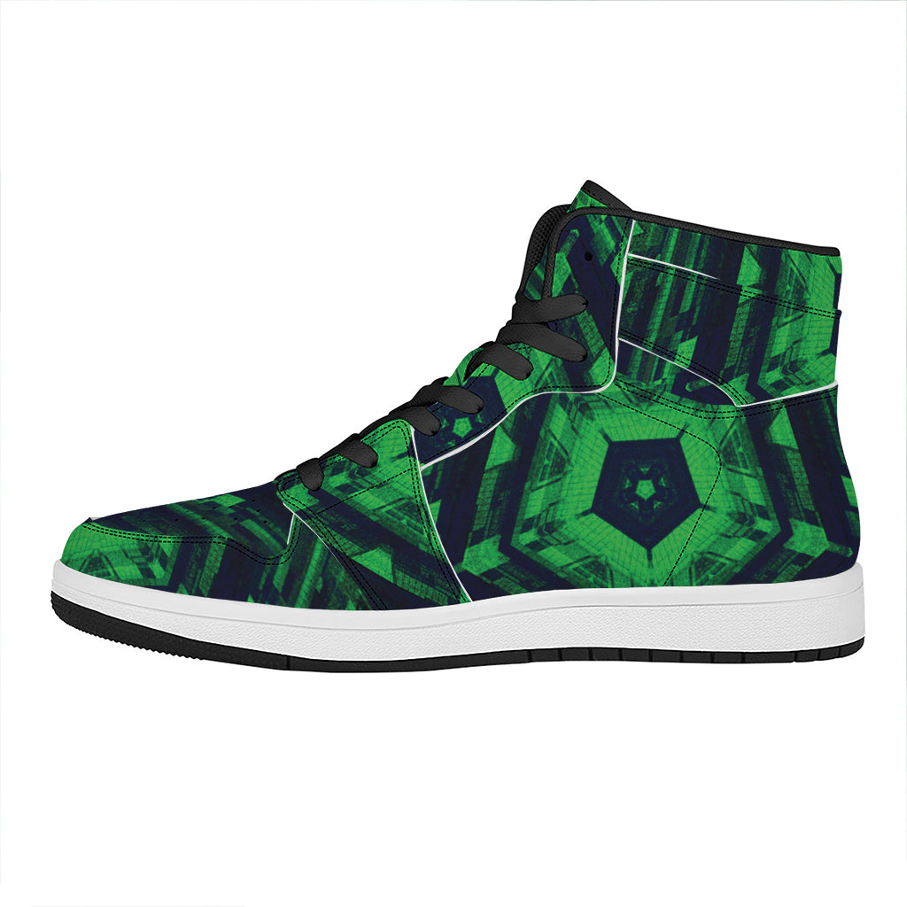 Dark Green Kaleidoscope Print High Top Leather Sneakers