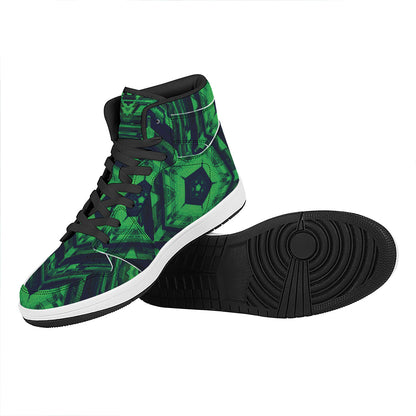 Dark Green Kaleidoscope Print High Top Leather Sneakers