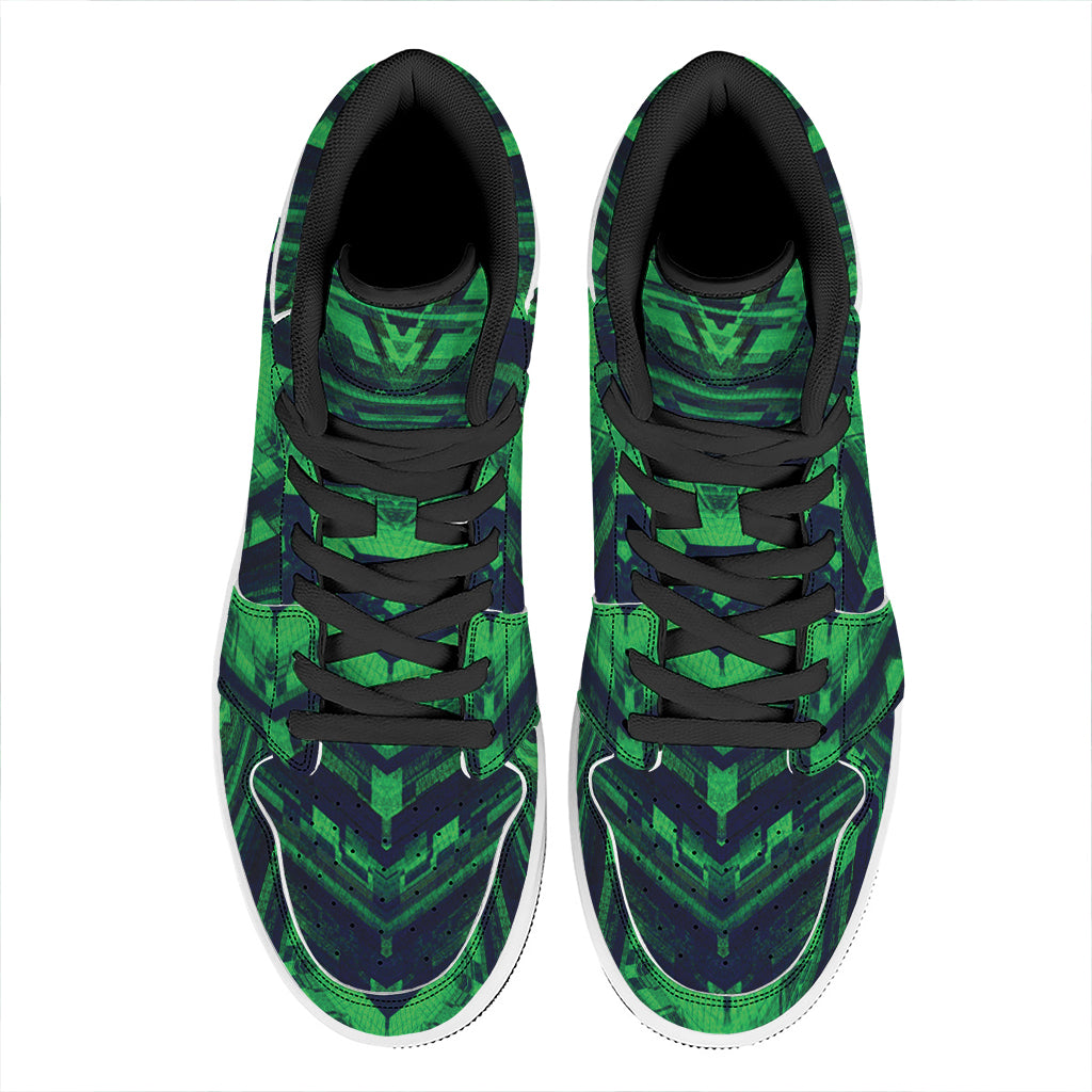 Dark Green Kaleidoscope Print High Top Leather Sneakers