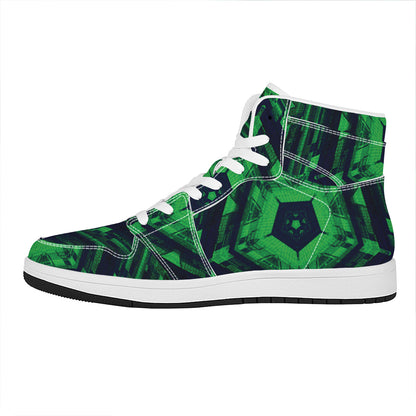 Dark Green Kaleidoscope Print High Top Leather Sneakers