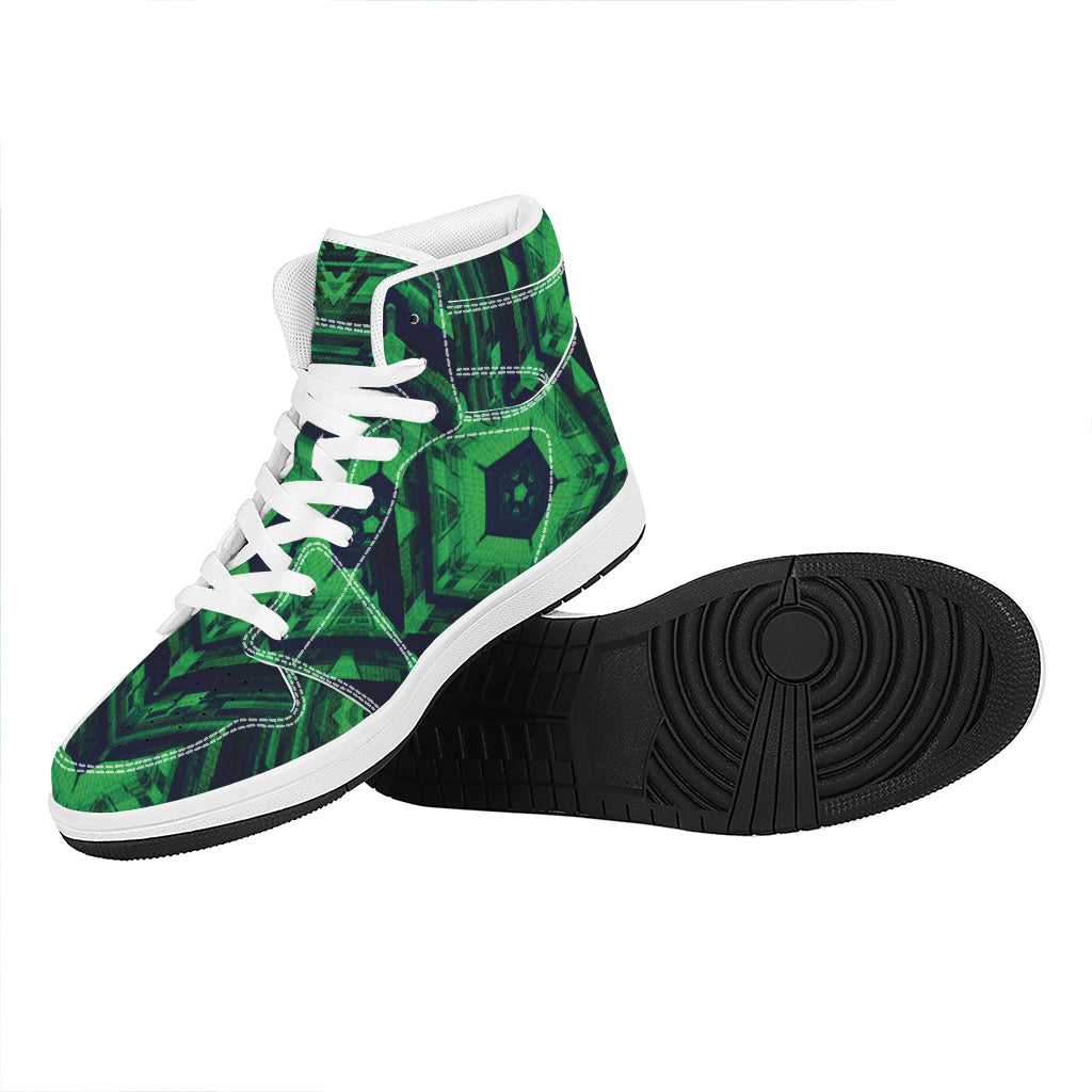 Dark Green Kaleidoscope Print High Top Leather Sneakers