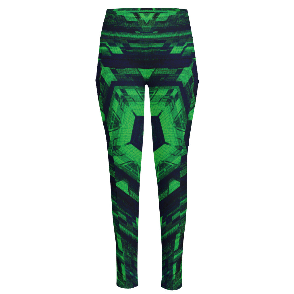 Dark Green Kaleidoscope Print High-Waisted Pocket Leggings