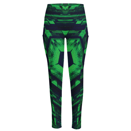 Dark Green Kaleidoscope Print High-Waisted Pocket Leggings