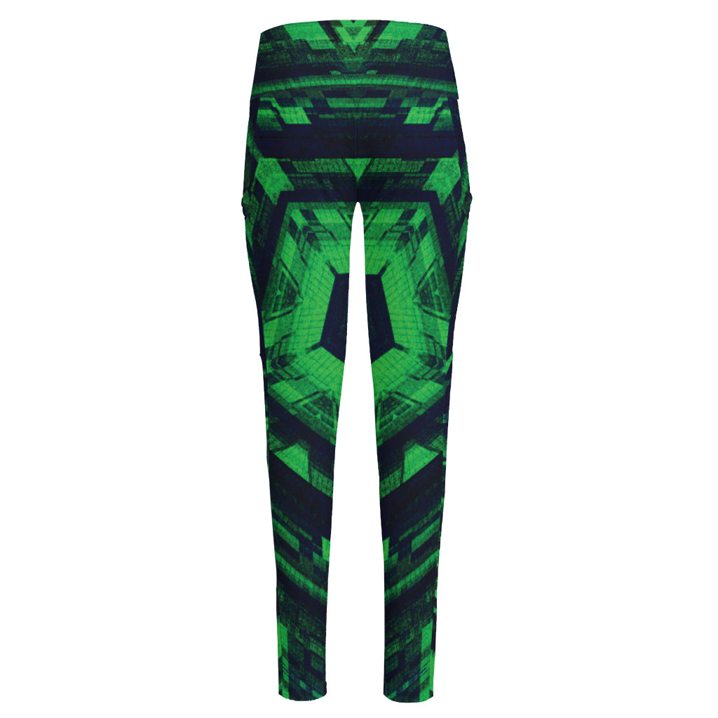 Dark Green Kaleidoscope Print High-Waisted Pocket Leggings