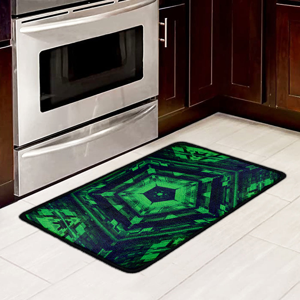Dark Green Kaleidoscope Print Kitchen Mat