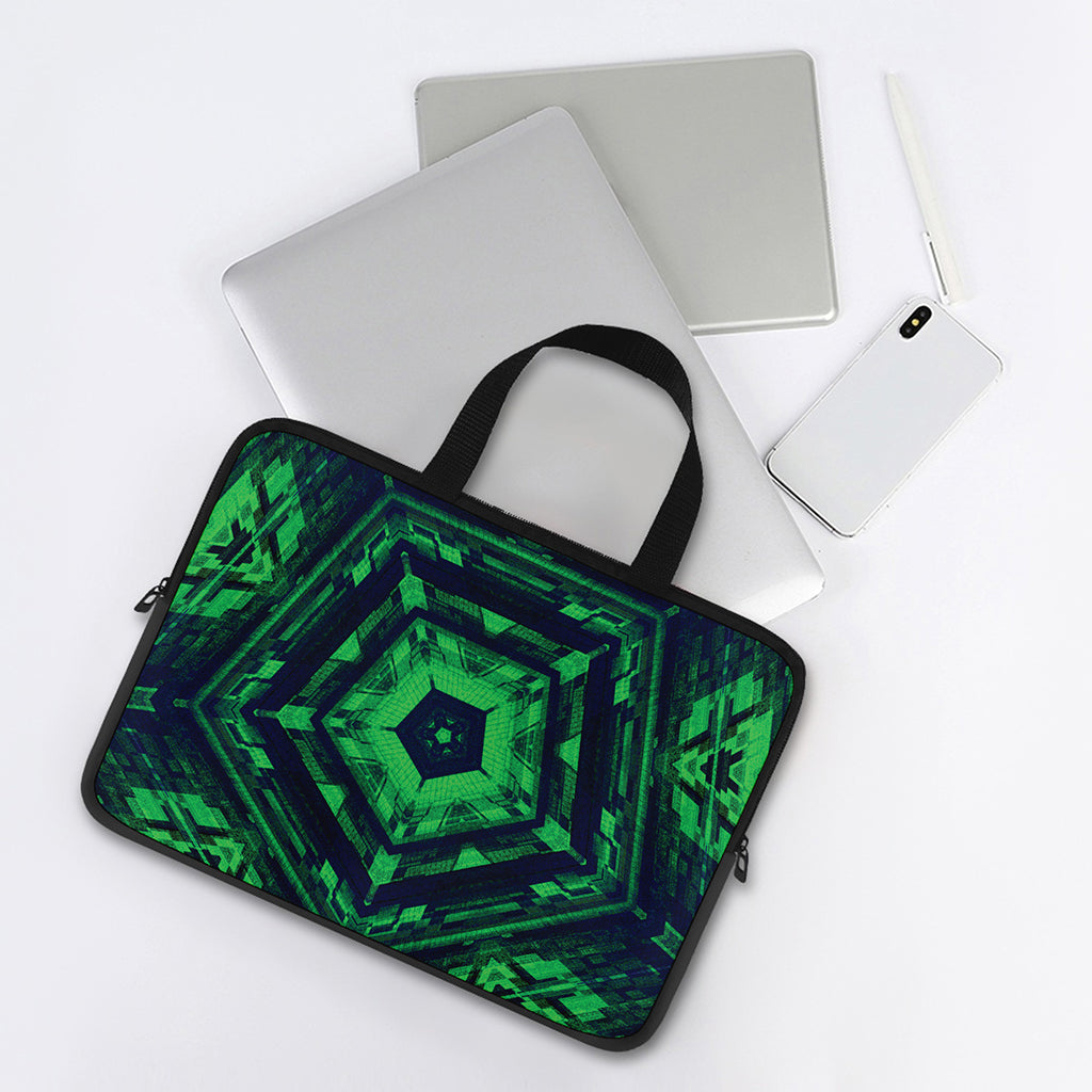 Dark Green Kaleidoscope Print Laptop Sleeve With Handle