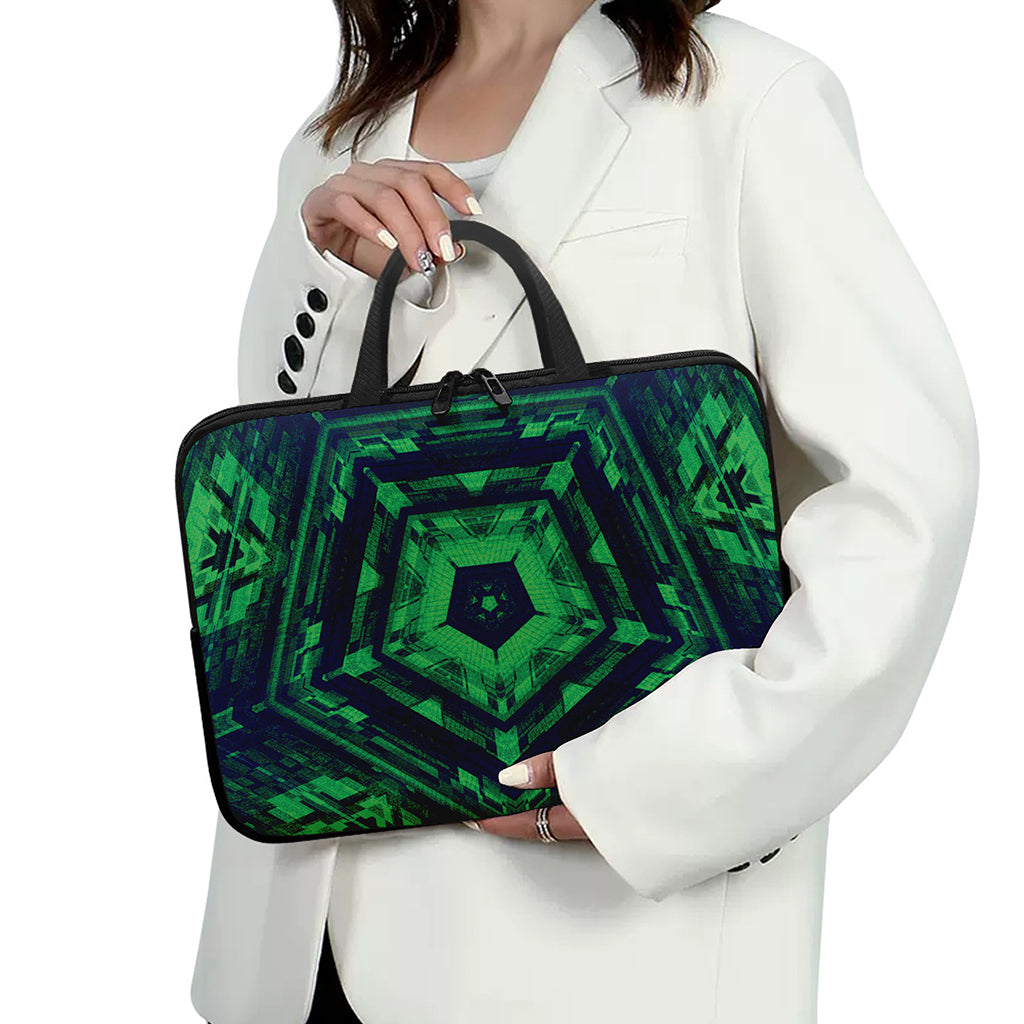 Dark Green Kaleidoscope Print Laptop Sleeve With Handle
