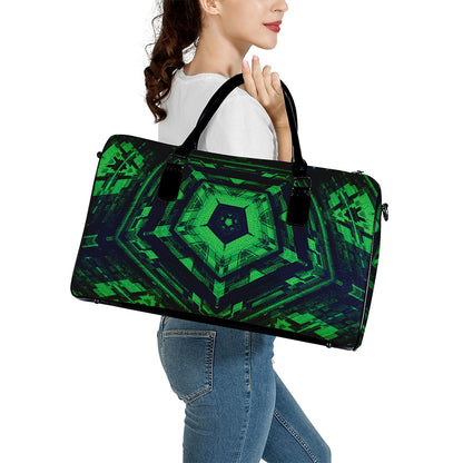Dark Green Kaleidoscope Print Leather Duffle Bag