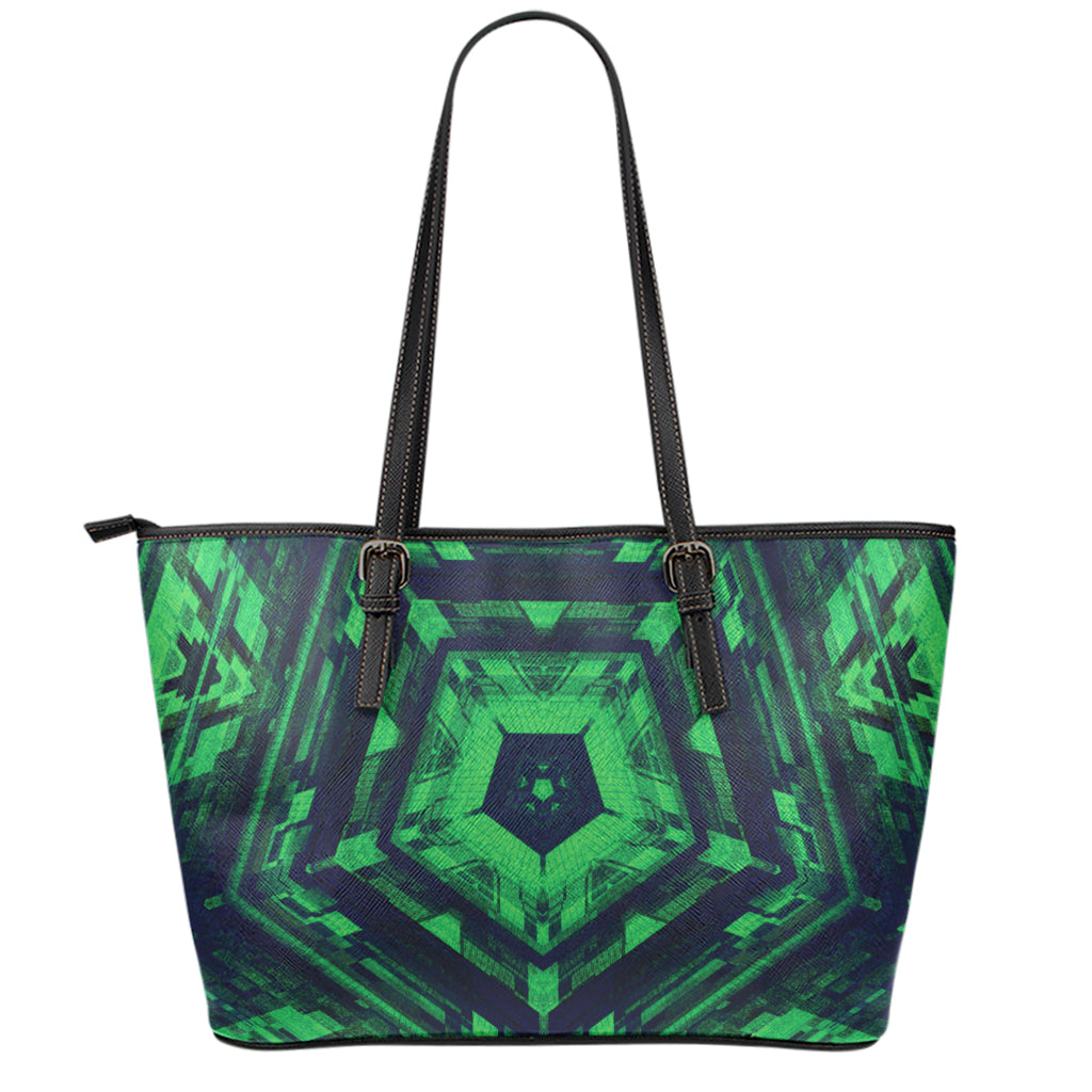 Dark Green Kaleidoscope Print Leather Tote Bag