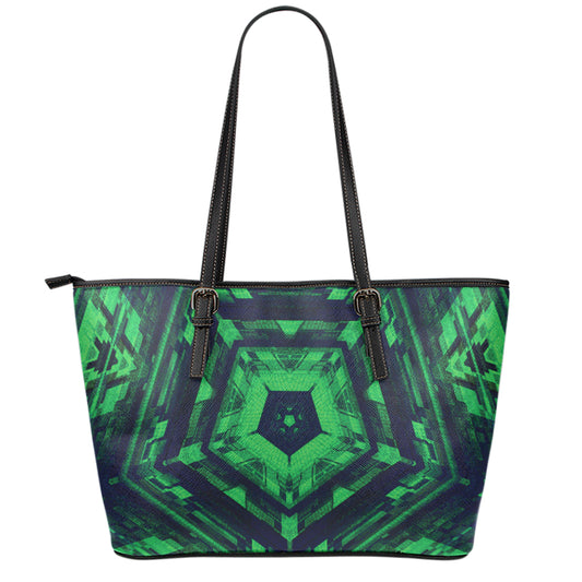 Dark Green Kaleidoscope Print Leather Tote Bag