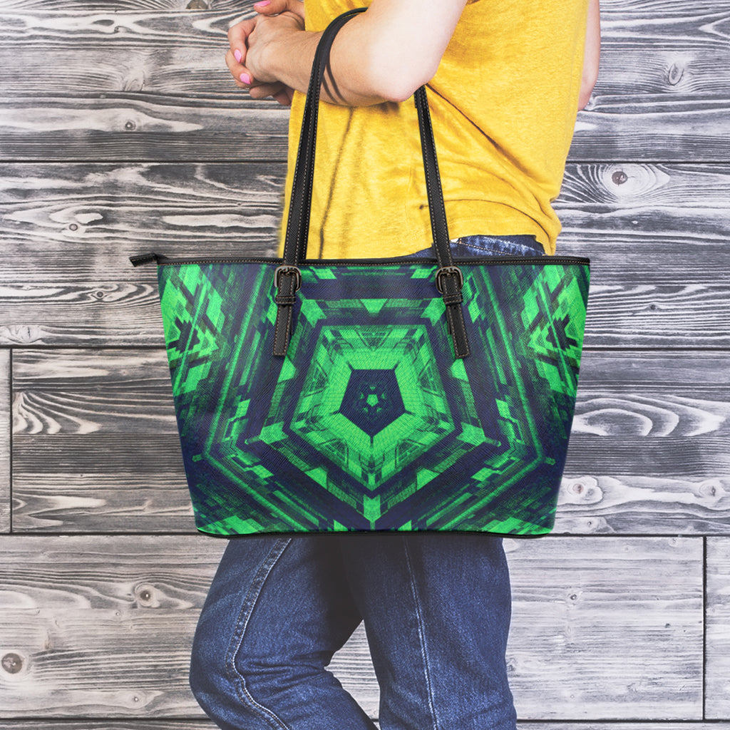 Dark Green Kaleidoscope Print Leather Tote Bag
