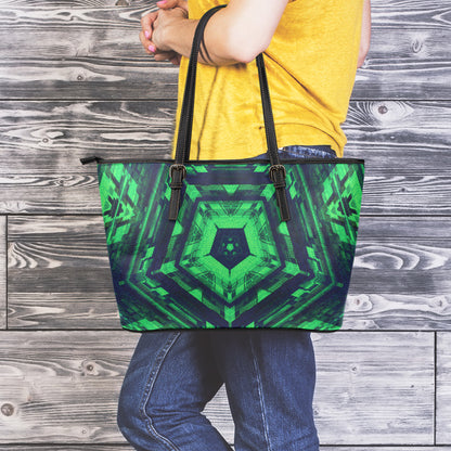 Dark Green Kaleidoscope Print Leather Tote Bag