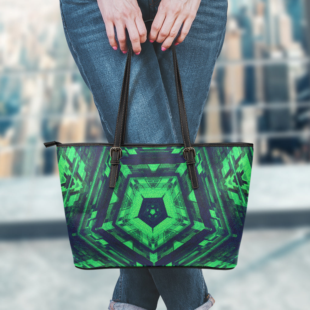 Dark Green Kaleidoscope Print Leather Tote Bag