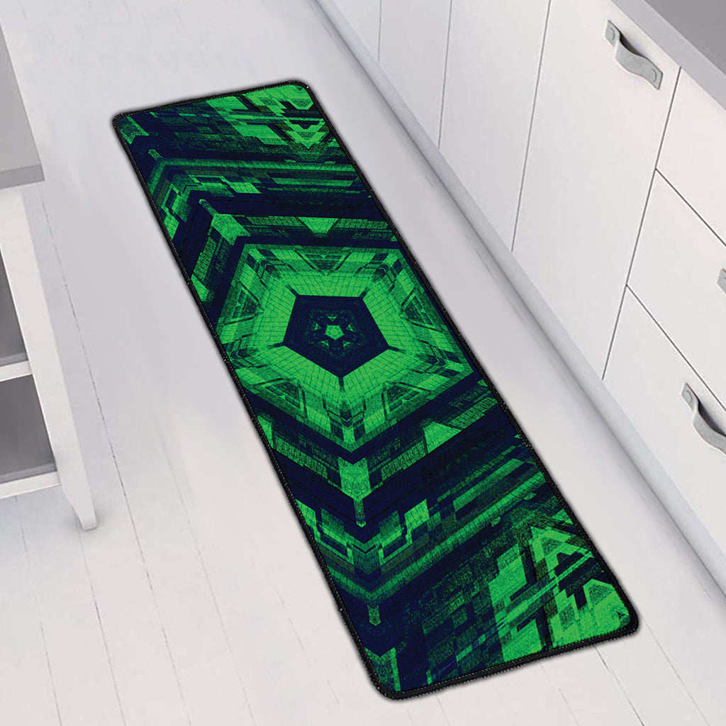 Dark Green Kaleidoscope Print Long Kitchen Mat