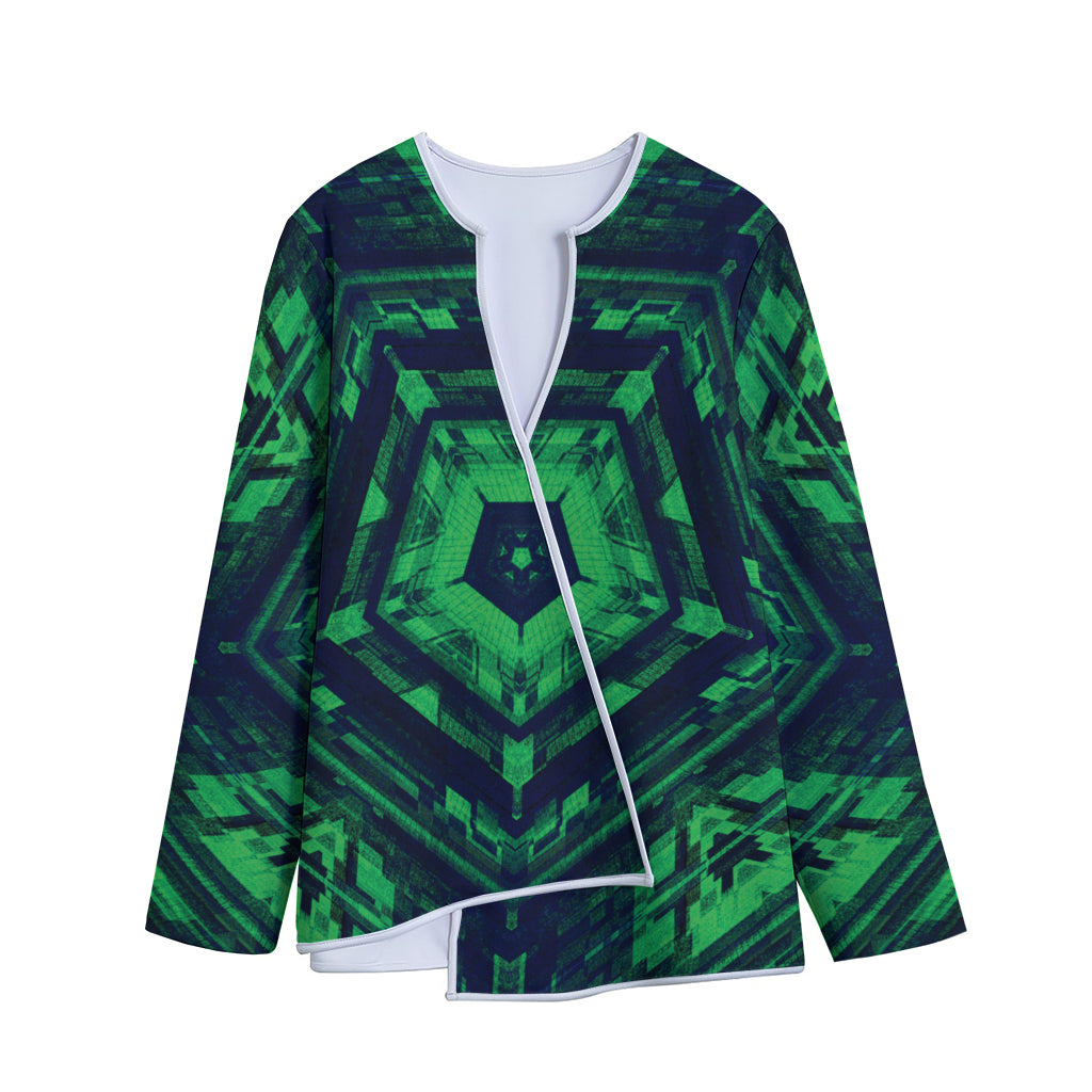 Dark Green Kaleidoscope Print Long Sleeve Short Coat