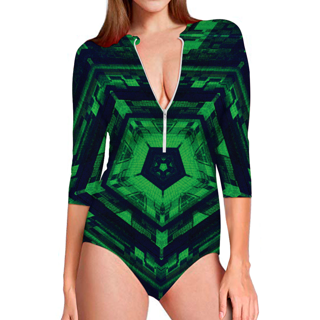 Dark Green Kaleidoscope Print Long Sleeve Swimsuit