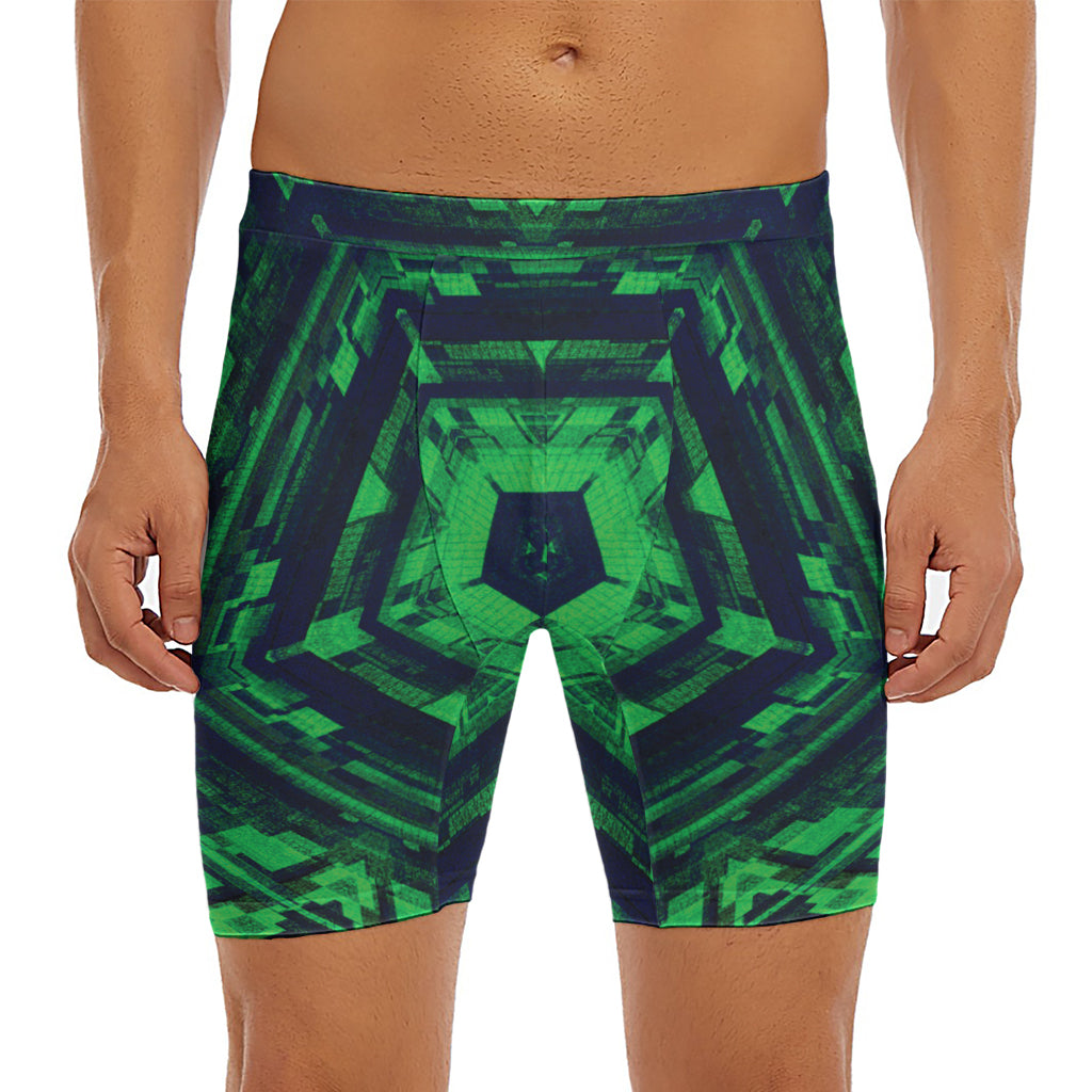Dark Green Kaleidoscope Print Men's Long Boxer Briefs