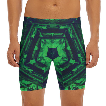 Dark Green Kaleidoscope Print Men's Long Boxer Briefs
