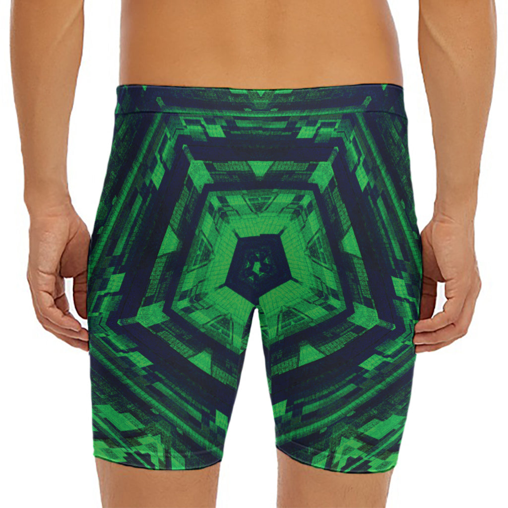 Dark Green Kaleidoscope Print Men's Long Boxer Briefs