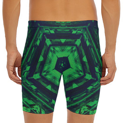 Dark Green Kaleidoscope Print Men's Long Boxer Briefs
