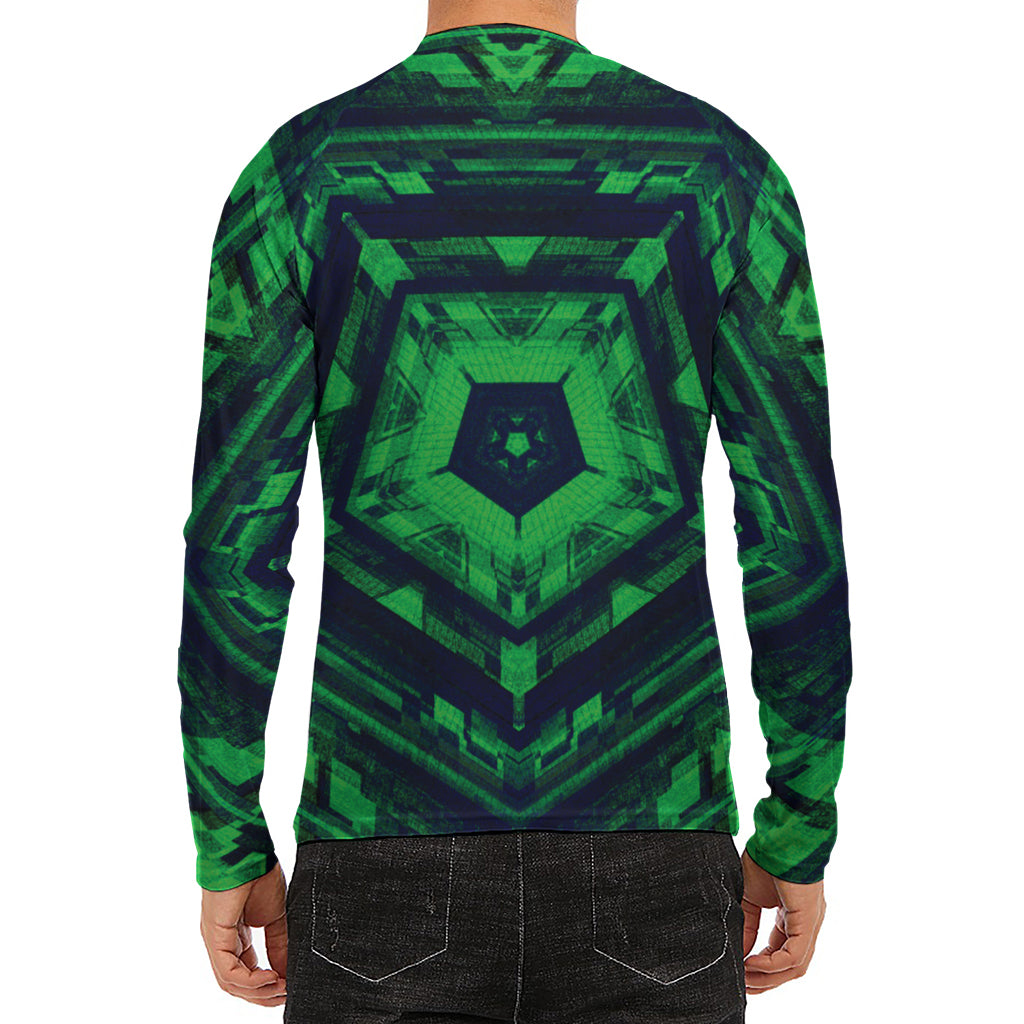 Dark Green Kaleidoscope Print Men's Long Sleeve Rash Guard