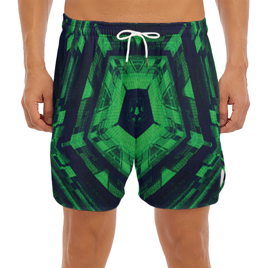 Dark Green Kaleidoscope Print Men's Split Running Shorts