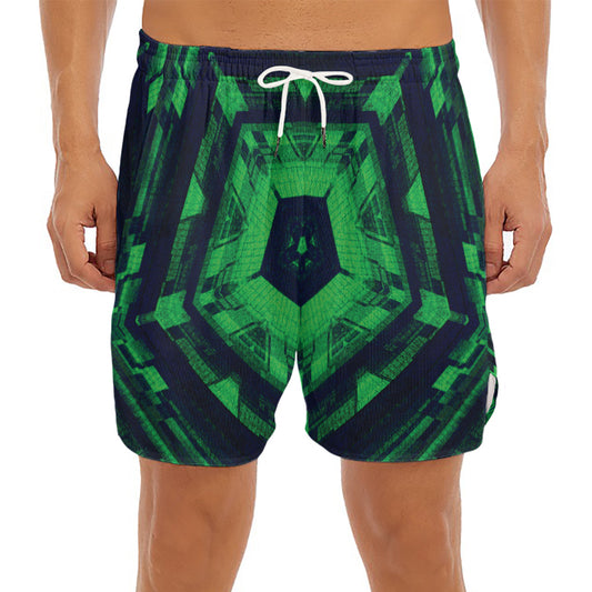 Dark Green Kaleidoscope Print Men's Split Running Shorts