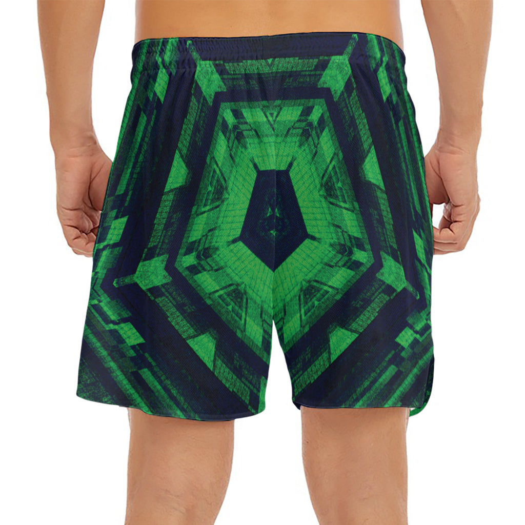 Dark Green Kaleidoscope Print Men's Split Running Shorts