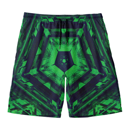 Dark Green Kaleidoscope Print Men's Swim Trunks