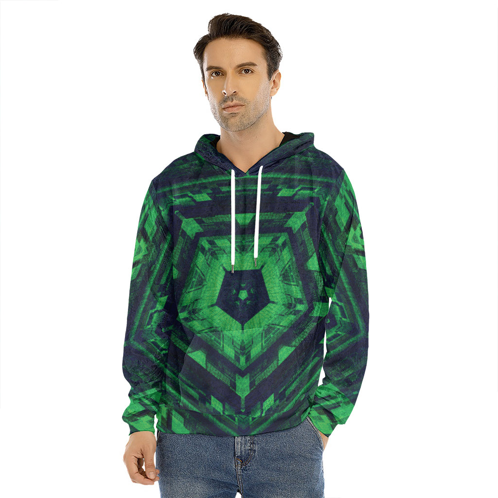 Dark Green Kaleidoscope Print Men's Velvet Pullover Hoodie