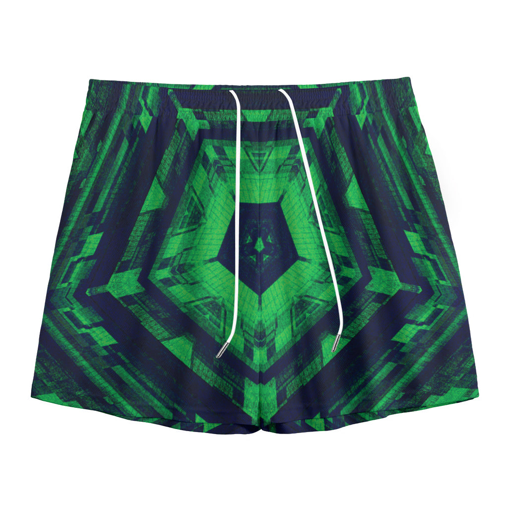 Dark Green Kaleidoscope Print Mesh Shorts