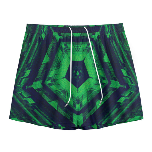 Dark Green Kaleidoscope Print Mesh Shorts