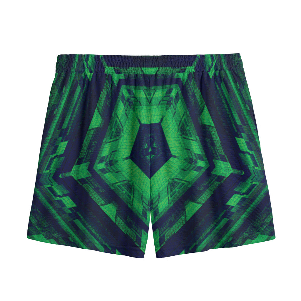 Dark Green Kaleidoscope Print Mesh Shorts