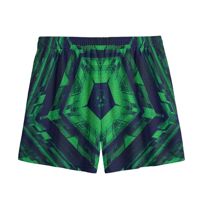 Dark Green Kaleidoscope Print Mesh Shorts