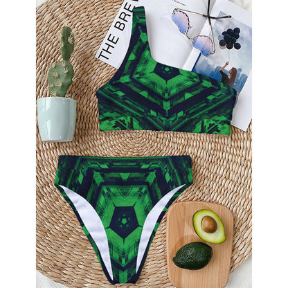 Dark Green Kaleidoscope Print One Shoulder Bikini Top