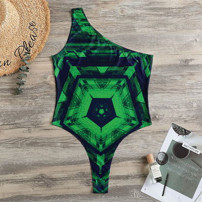 Dark Green Kaleidoscope Print One Shoulder Bodysuit