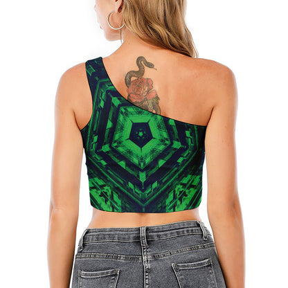 Dark Green Kaleidoscope Print One Shoulder Crop Top