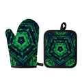 Dark Green Kaleidoscope Print Oven Mitt And Pot Holder Set