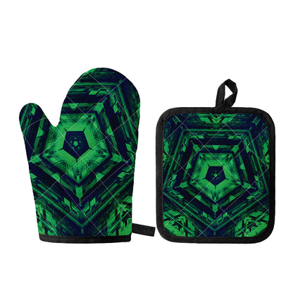 Dark Green Kaleidoscope Print Oven Mitt And Pot Holder Set