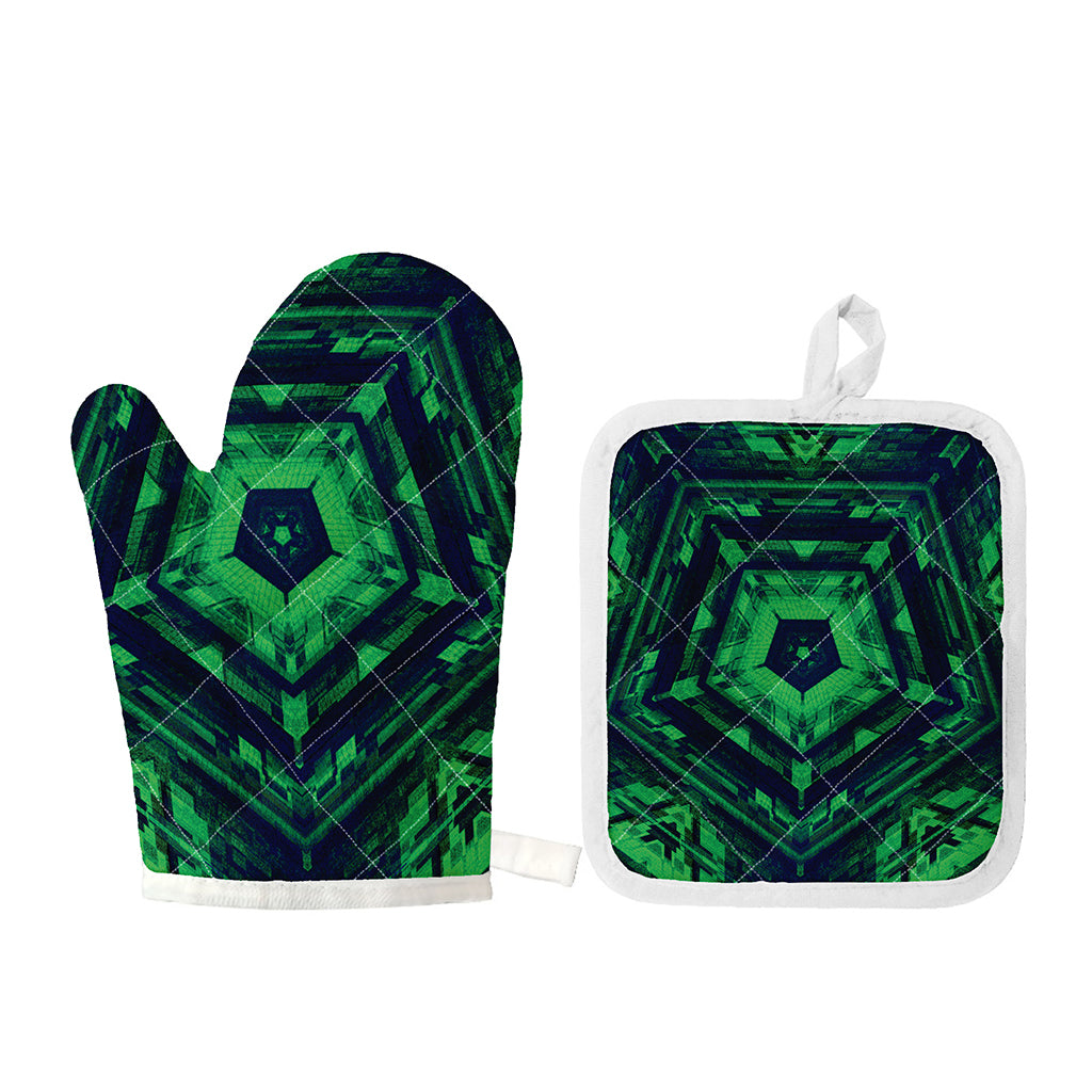 Dark Green Kaleidoscope Print Oven Mitt And Pot Holder Set